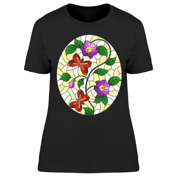 Butterflies And Flowers Glass  T-Shirt Women -Image by Shutterstock, Female Small