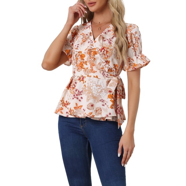 INSPIRAR CHIC Blusas de Mujer con Flores, Cuello en V, Mangas Cortas, Dobladillo Redondo, Volante Peplum, Naranja