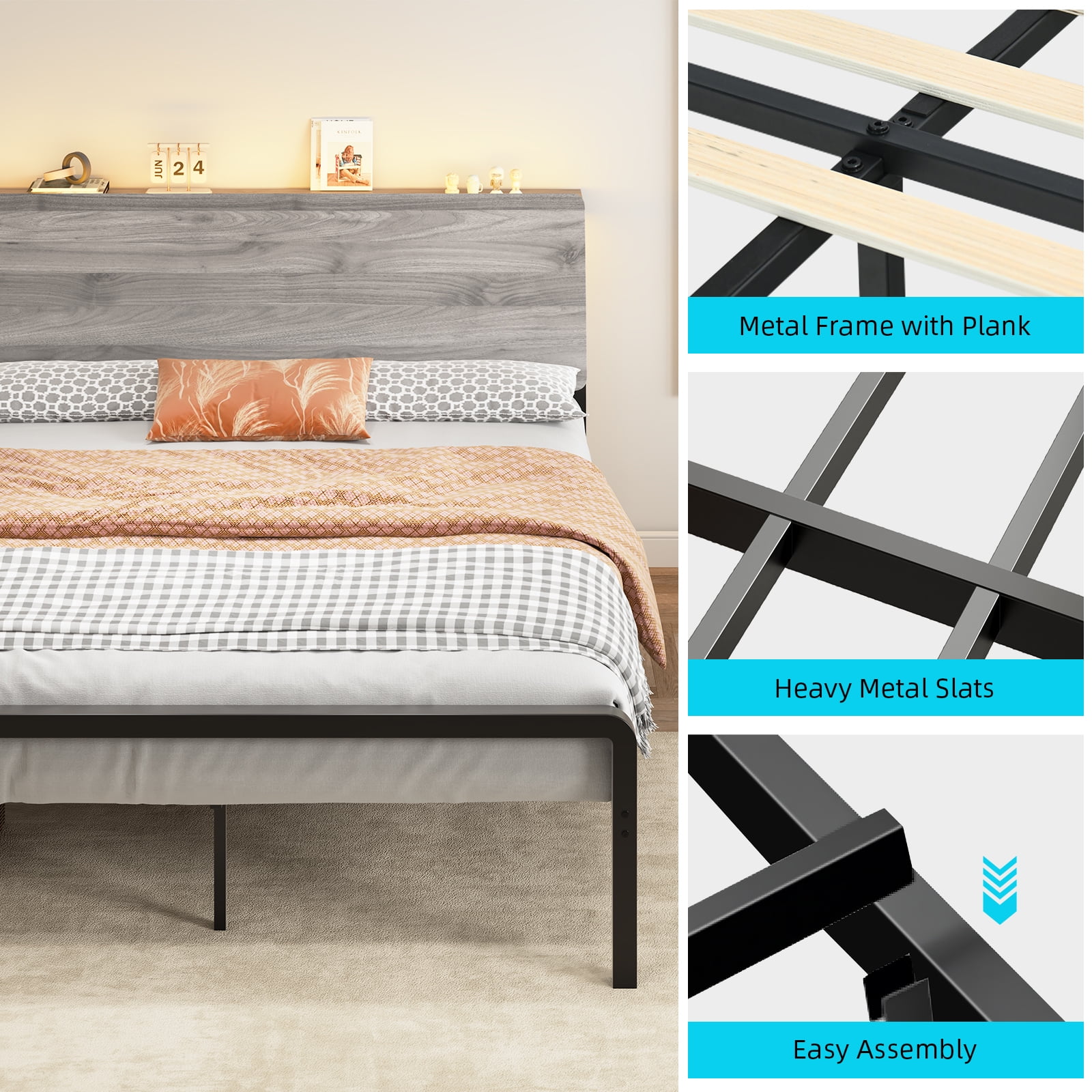 4 EVER WINNER Full Bed Frame with Storage Headboard and LED Light, Metal Platform Bed Frame with Wooden Headboard, No Box Spring, Gray
