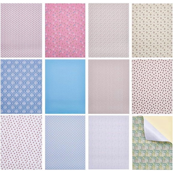 12 Sheets Dollhouse Wallpaper 12 Styles Miniature Dolls House Floor Paper Mini House Decoration Sticker DIY Self Adhesives Wall Paper for DIY Dollhouse Background 8.2x11.7 inch
