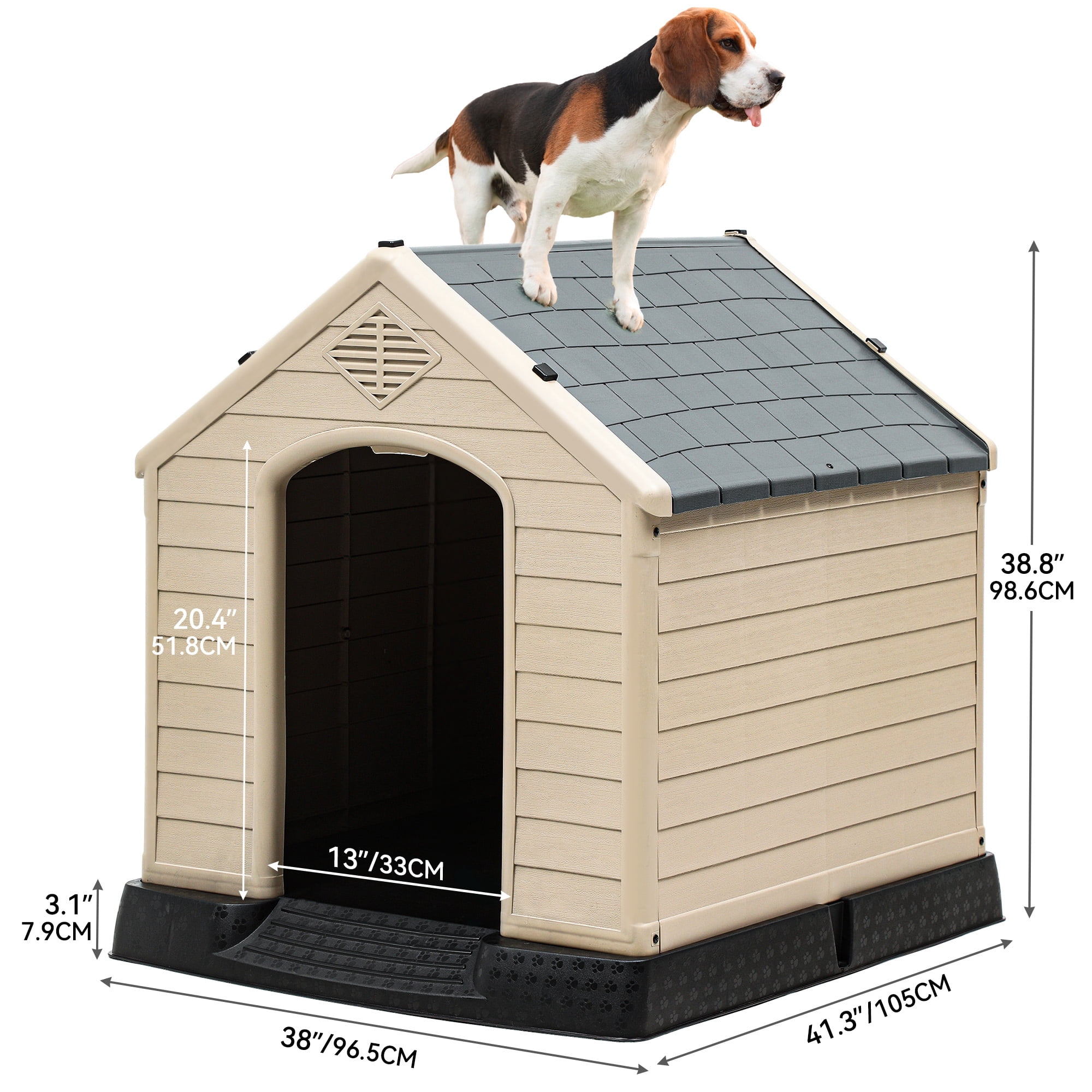 Dextrus Large Plastic Dog House Outdoor Indoor Doghouse Puppy Shelter Water Resistant Easy Assembly Sturdy Dog Kennel with Air Vents and Elevated Floor (41''L*38''W*39''H, Gray+Brown)