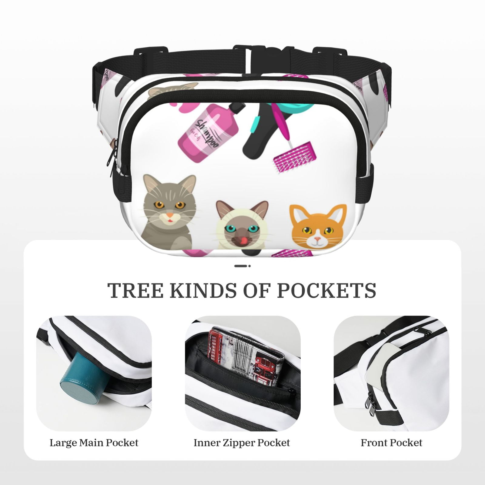 Picia Pet Care Grooming Print Square Double-Layer Waist Bag Mini Adjustable Waist Belt Bag Exercise Running Travel Hiking