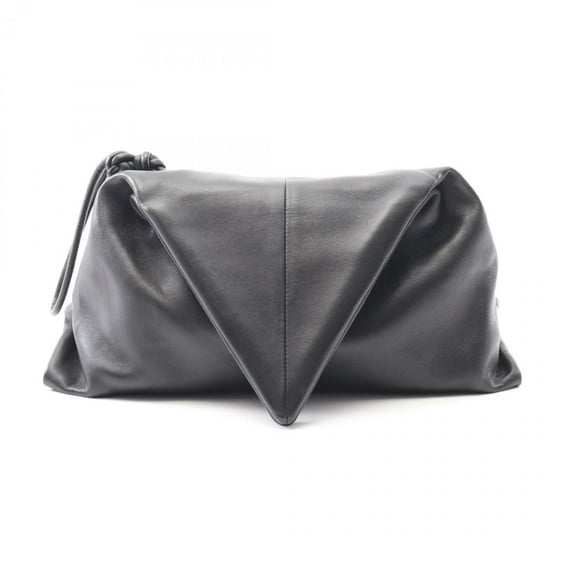 Pre-Owned Bottega Veneta Triangle Flap Clutch Bag, Leather, Black, Women's, 622712 (Good)