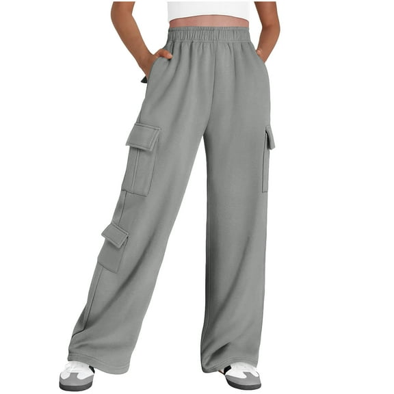 Cargo Pants for Women Straight Leg Solid Color Elastic Waist Sweatpants with Pockets Gray S