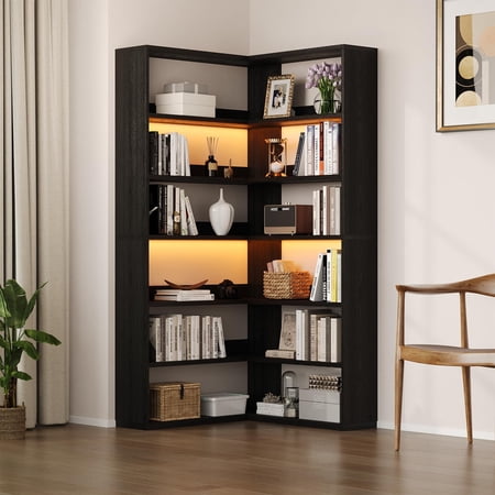 DreamCurship 71” Tall Corner Bookshelf, 6 Tier L-Shaped Large Display Bookcase with LED Light, Industrial Corner Etagere Bookcase Storage Display Rack for Living Room Home Office, Rustic Brown, Black