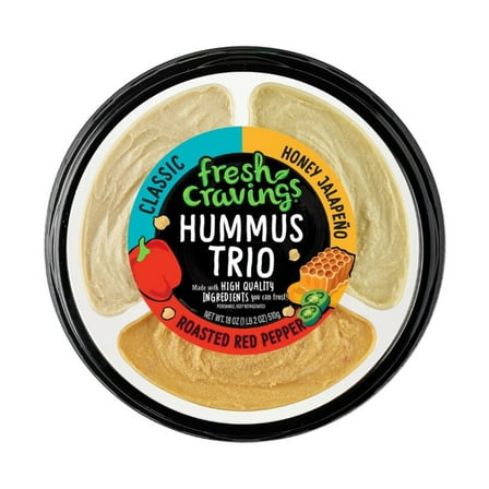 Fresh Cravings Hummus Trio Dip, 18 oz. Plastic Tub, Gluten-Free, 2 Tbsp (32g), Contains Sesame