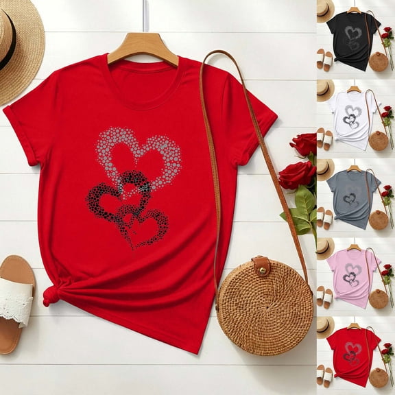 Riecok Womens T-Shirts Valentine's Day Collared Neck Heart T Shirt for Women Short Sleeve Summer Casual Comfy Novelty Graphic Tops Black 3XL