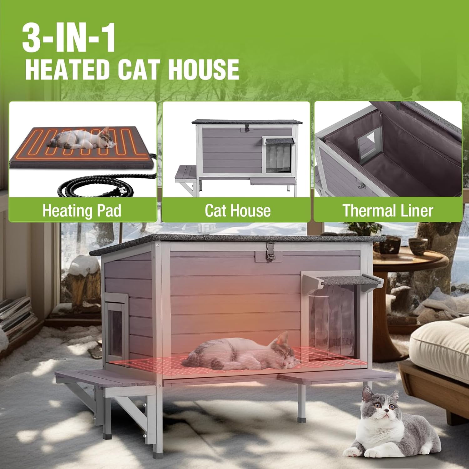 MEDEHOO Heated Cat House for Outside Insulated Outdoor Cat House Weatherproof Feral Cat Shelter with Cat Heated Pad, All-Round Thermal Liner, Secure Escape Doors for 1-3 Cats