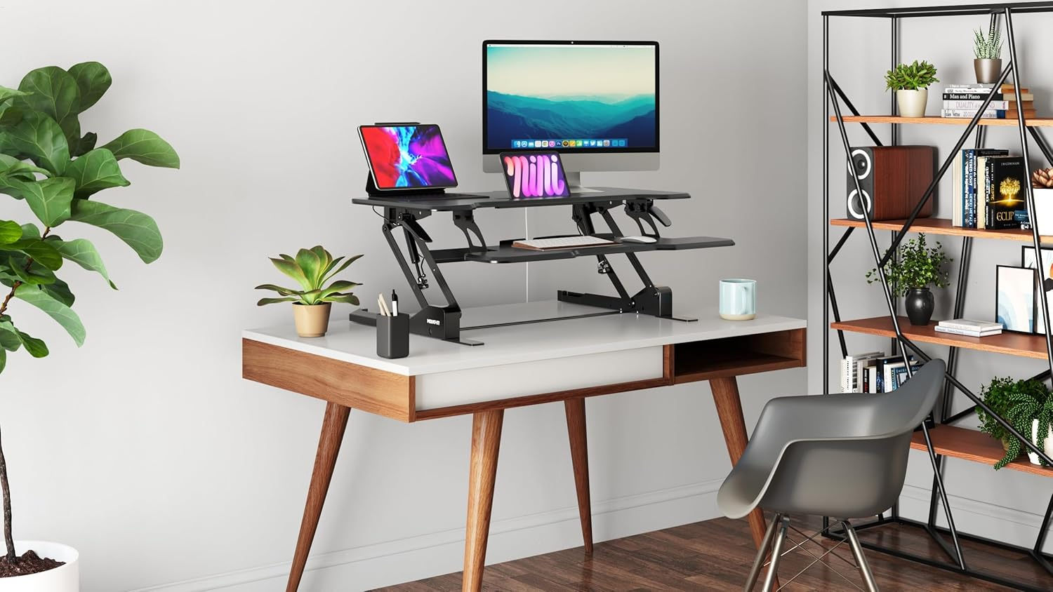 Spacious 38-inch Standing Desk Converter with Keyboard Tray - Holds 2 Monitors, Manual Pneumatic Lift
