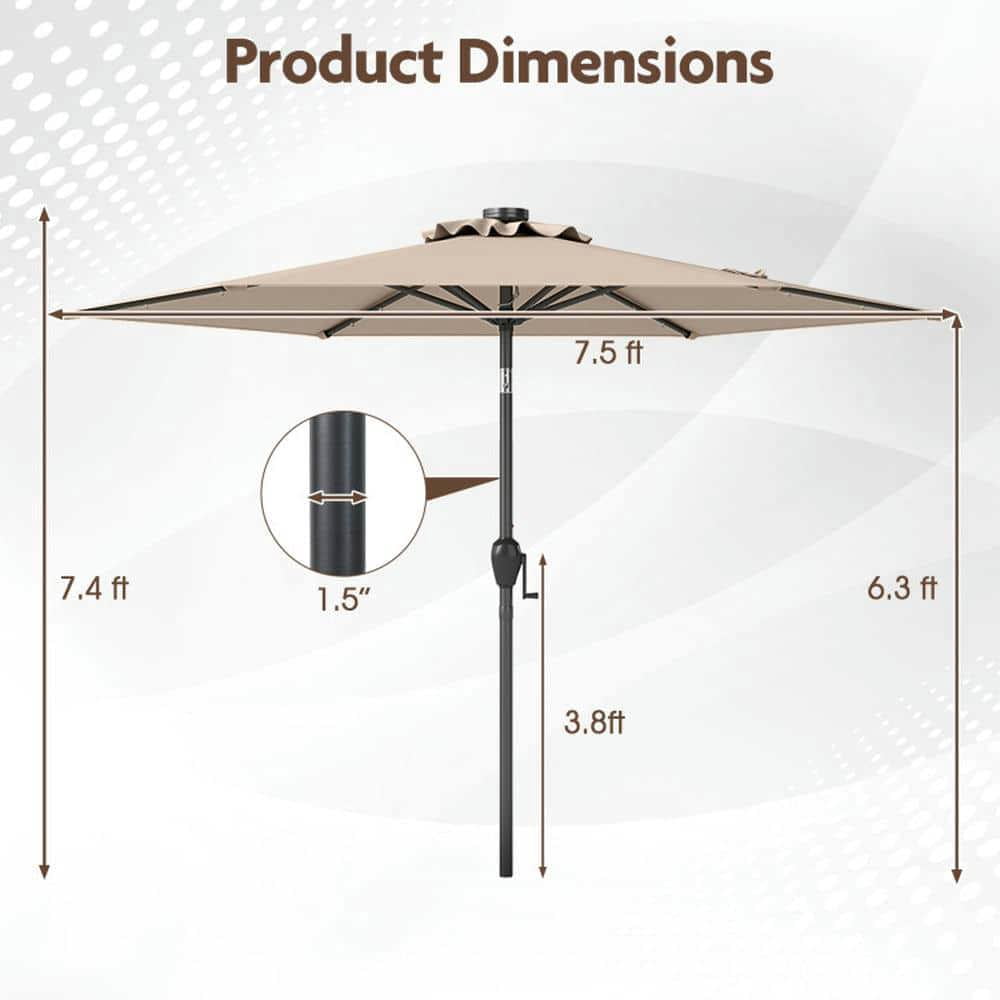 Spaco 7.5 Feet Solar Powered Patio Umbrella, Outdoor Shade with LED Lights and Crank Handle, Brown