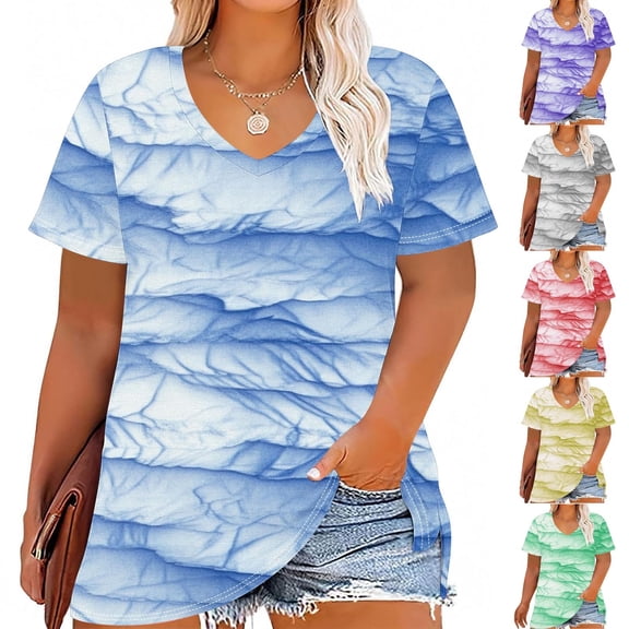 Jsaierl Short Sleeve Tops for Women Summer Loose Fit Shirts V Neck Retro Ladies Blouses Boho Plain T Shirts Top Plus Size XL-5XL