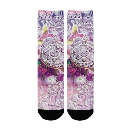

Magical Fantasy Animal with Floral Ornaments and Birds on Natural Pink Background Pink Purple Women s Custom Socks (Made In USA)