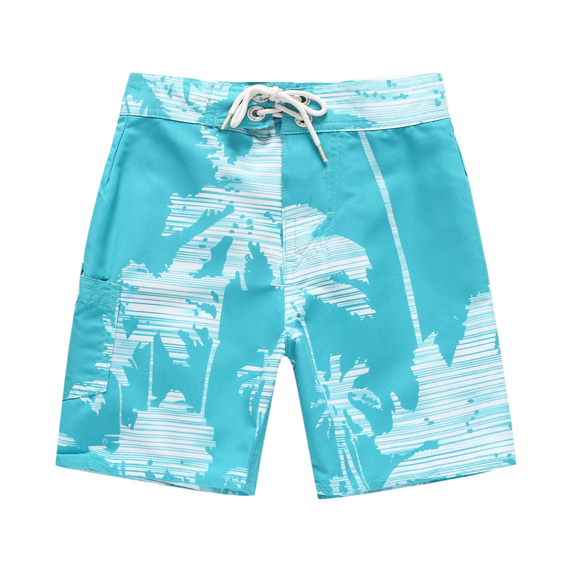 Boy Hawaiian Swimwear Board Shorts with Tie in Blue with White Palms ...