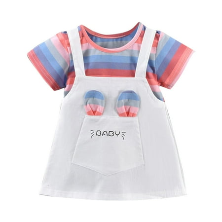 

Toddler Kids Girls Dresses Striped Printed Short Sleeve O-Neck Summer New Rainbow Cute Fashion Sundress Wedding Soft Dress For Chlidren