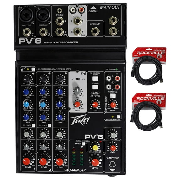 Peavey PV6 PV 6 Pro Audio Mixer w/ 2 Mic In, USB, Compressor/Effects+XLR Cables