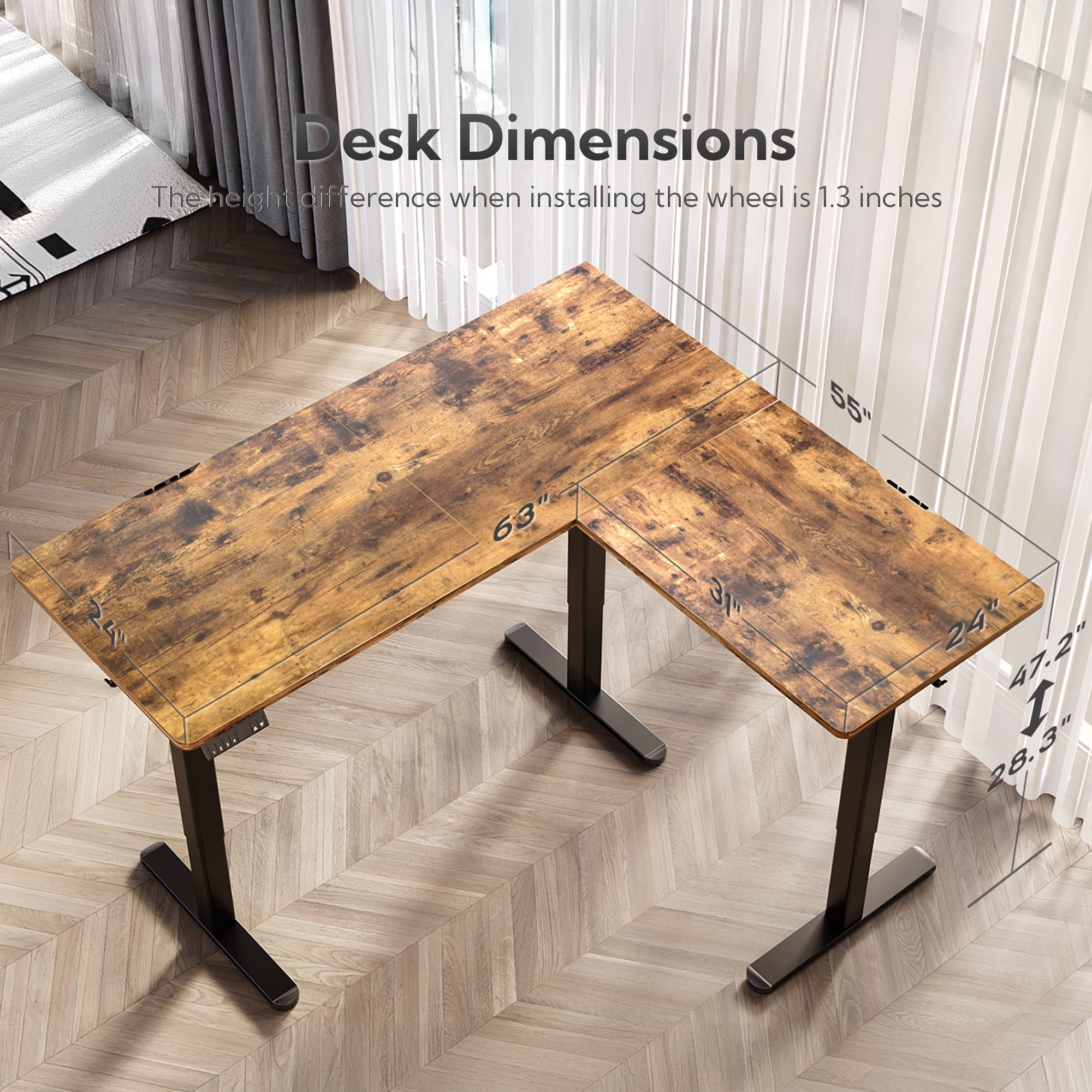 INNOVAR L Shaped Standing Desk Adjustable Height, Dual Motor Electric Corner Standing Desk, 63x55 inch Sit Stand up Desk Table with Splice Board, Rustic Brown