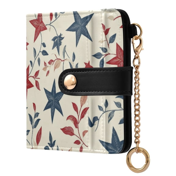 Womens Wallet PU Leather Bifold Small Purse with RFID Blocking Credit Card Holder Red and Blue Leafy Designs