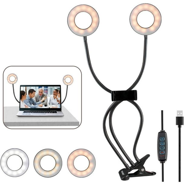 Anneau lumineux à clipser pour éclairage de vidéoconférence, éclairage pour  ordinateur portable USB pour réunion Zoom, anneau lumineux de bureau à LED  avec pince pour webcam d'ordinateur, double anneau lumineux pour vidéo