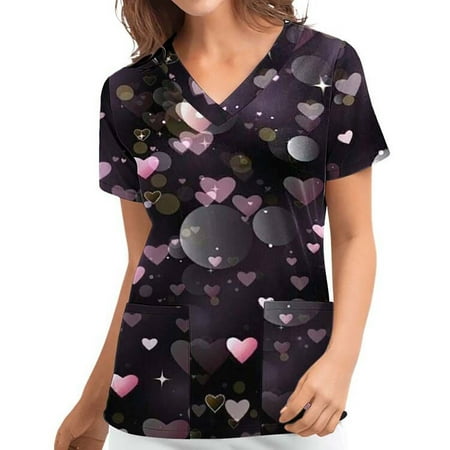 

SUWHWEA Christmas Gift Scrub Tops Blouse For Women Women Working Clothing Print V Neck Short Sleeve Tops With Pocket on Clearance