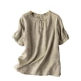 thumbnail image 3 of BXSRUTA Women's Linen Blend Embroidered Three-quarter Sleeve Blouse Vintage Loose Fit Round Neck Casual Top, 3 of 4