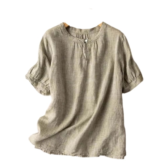 AOOCHASLIY Linen Shirt for Women Embroidered Breathable Tops Loose Crewneck Tops Womens Daily t Shirts Summer Shirts for Women 2026