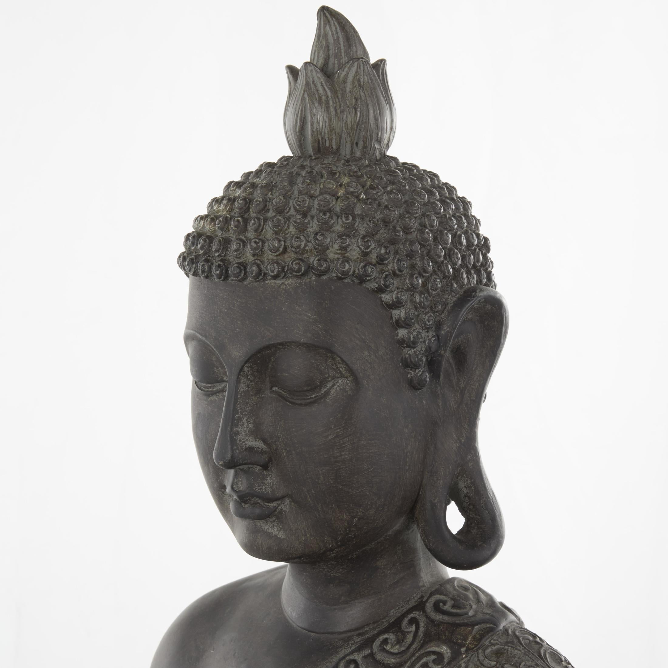 11" x 21" Brown Polystone Meditating Buddha Sculpture with Engraved Carvings and Relief Details, by DecMode
