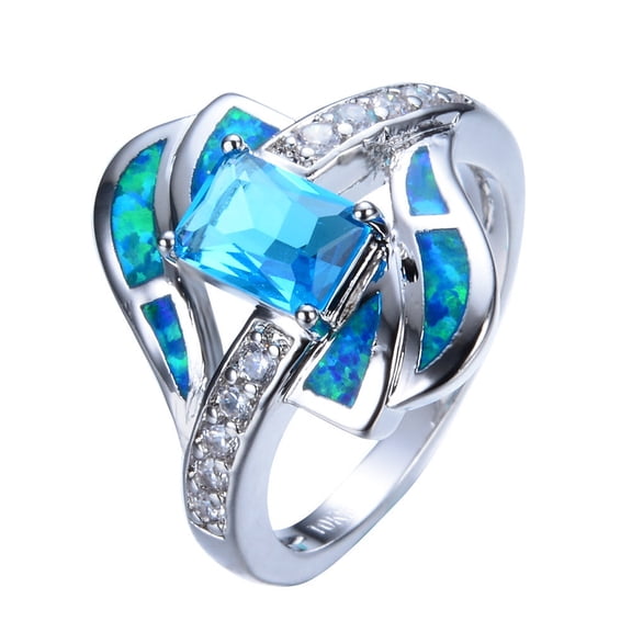 Womens Blue Opal Ring with Diamond Inlay Wedding Band Geometric Alloy Ring European Design Artificial Gem Ring for Women Fashion Jewelry