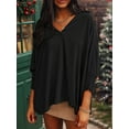 thumbnail image 4 of Women Blouses Dressy Casual V Neck 3/4 Length Sleeve Womens Tops with Smocked Cuffs Black XL, 4 of 7