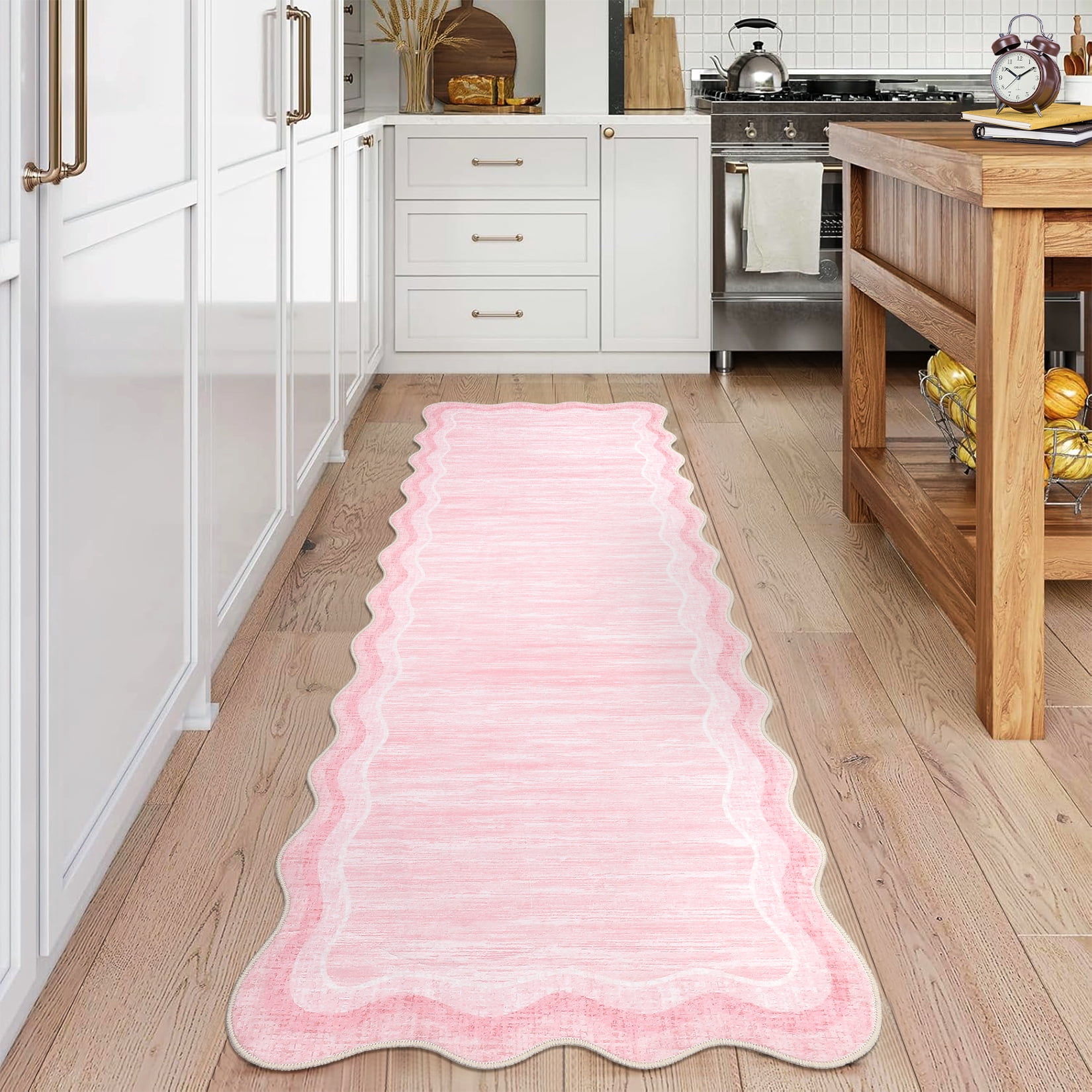 Hasoo Indoor Scalloped Area Rug for Hallway 2' x 6' Washable Modern Runner Mat with Non-Slip Backing, Pink