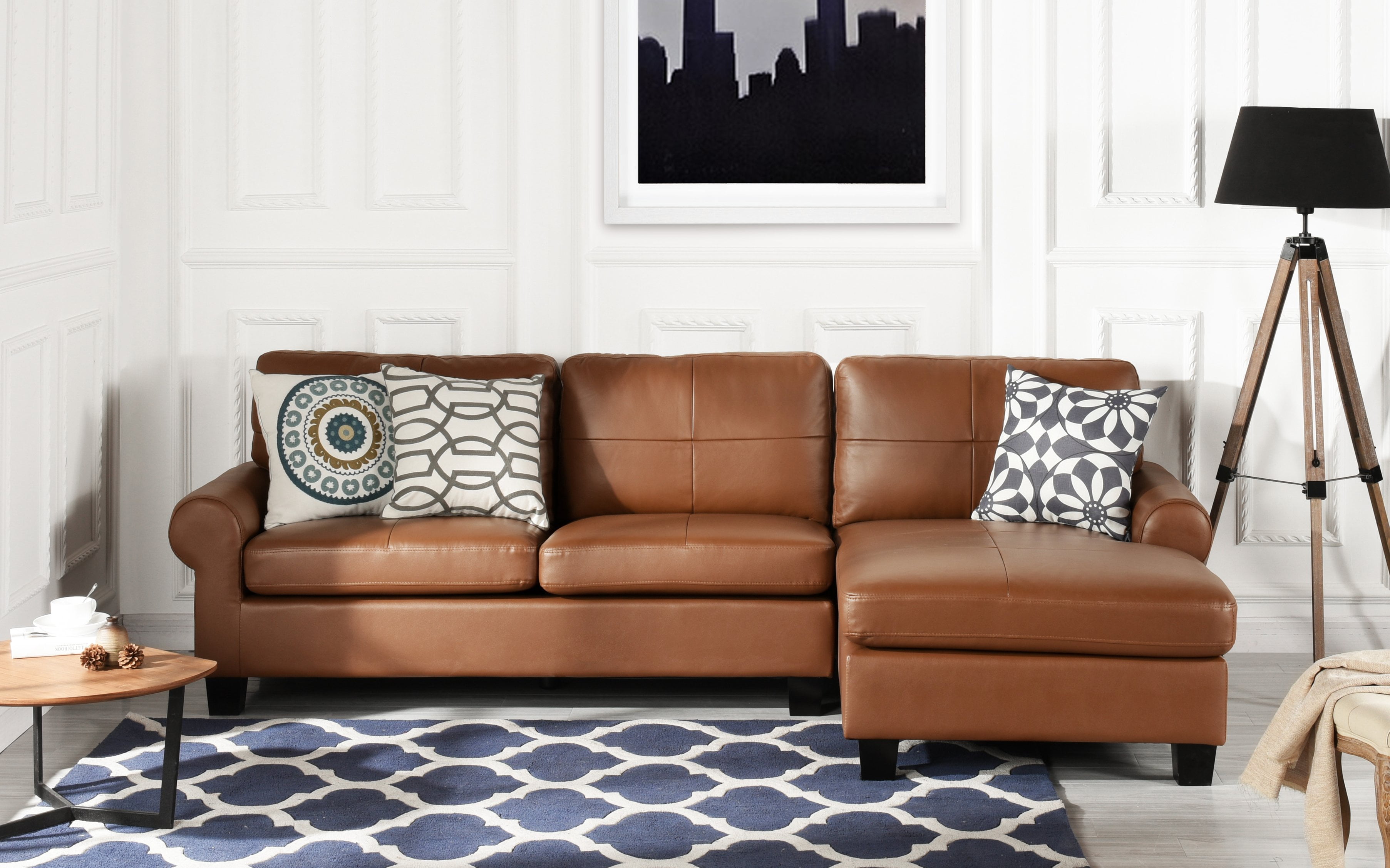 Light Brown Leather Match Upholstered Sectional Sofa, L