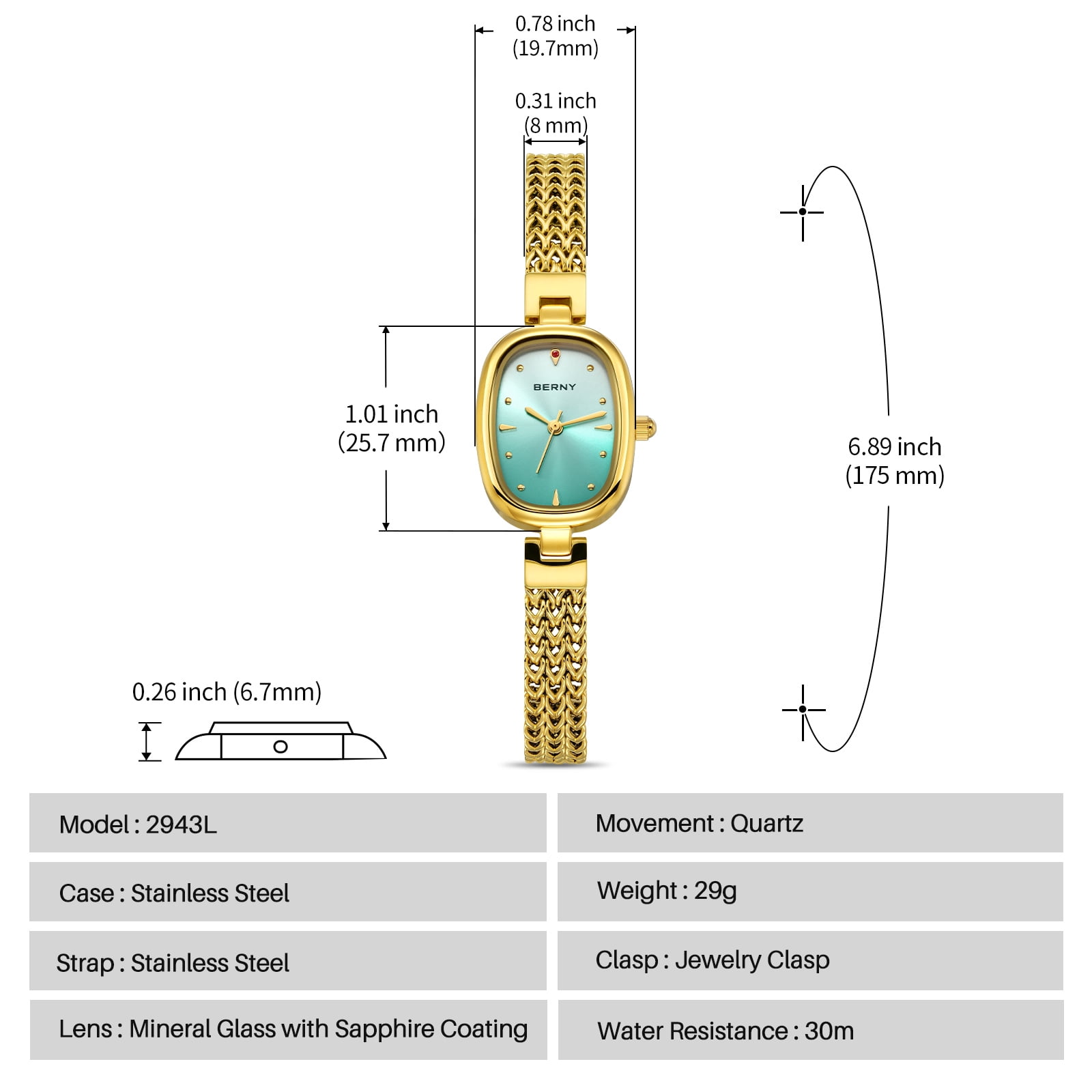 BERNY Small Gold Watches for Women, Dainty Oval Analog Quartz Bracelet Watch, Stainless Steel, Waterproof, Minimalist Luxury Ladies Watches Gifts (Light Blue)