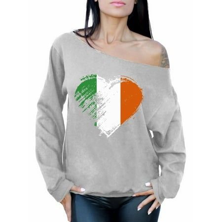 Awkward Styles Irish Flag Heart Sweatshirt St. Patricks Day Off Shoulder Top Proud Irish Sweatshirt for Women Irish Pride Gifts for Her Irish Flag Distressed Irish Sweatshirt St Paddy's Day Sweater