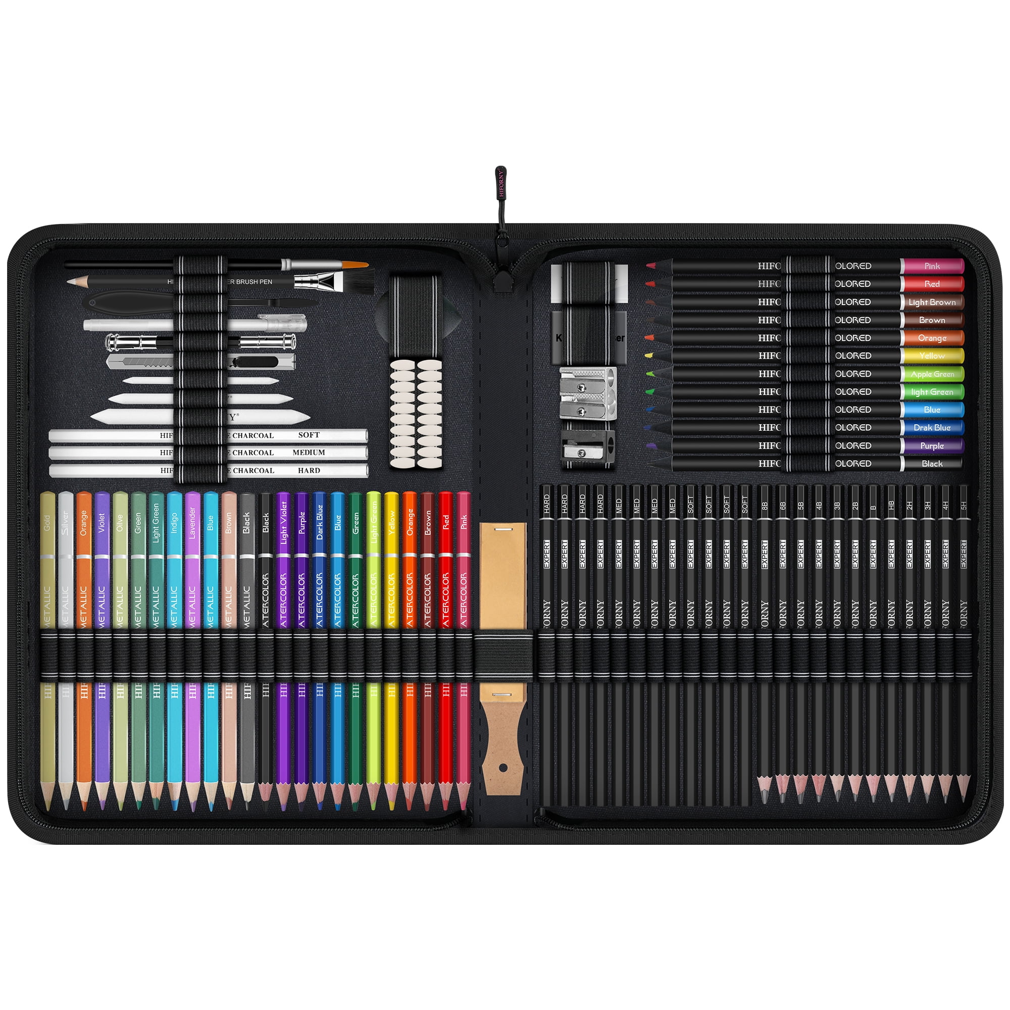 HIFORNY 100 PCS Drawing & Sketching Set, Professional Art Supplies with Graphite,Charcoal, Colored,Watercolor,Metallic Pencils,Blending Tools,Sketchbook and Coloring Book in Zipper Case（Black）