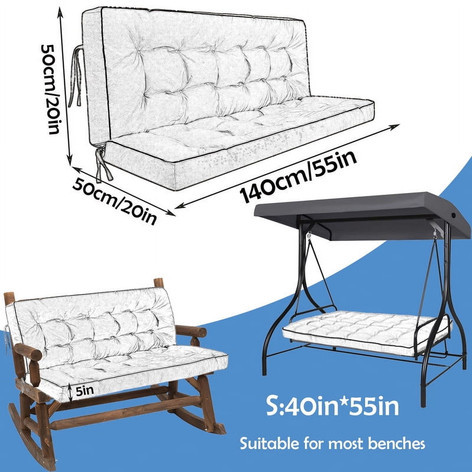 Porch Swing Cushions 55in, Swing Cushions 3 Seater Replacement with Backrest, Thicken 4" Waterproof Bench Pad Cushions, Outdoor Loveseat Cushions Non-Slip Chairs Pad (Bamboo Leaves)
