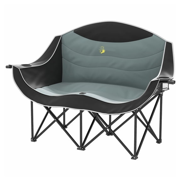 Padded Folding Camp Chair for Two Adults, Double Camping Chair with Cup Holders, Carry Bag, Outdoor Loveseat - Black