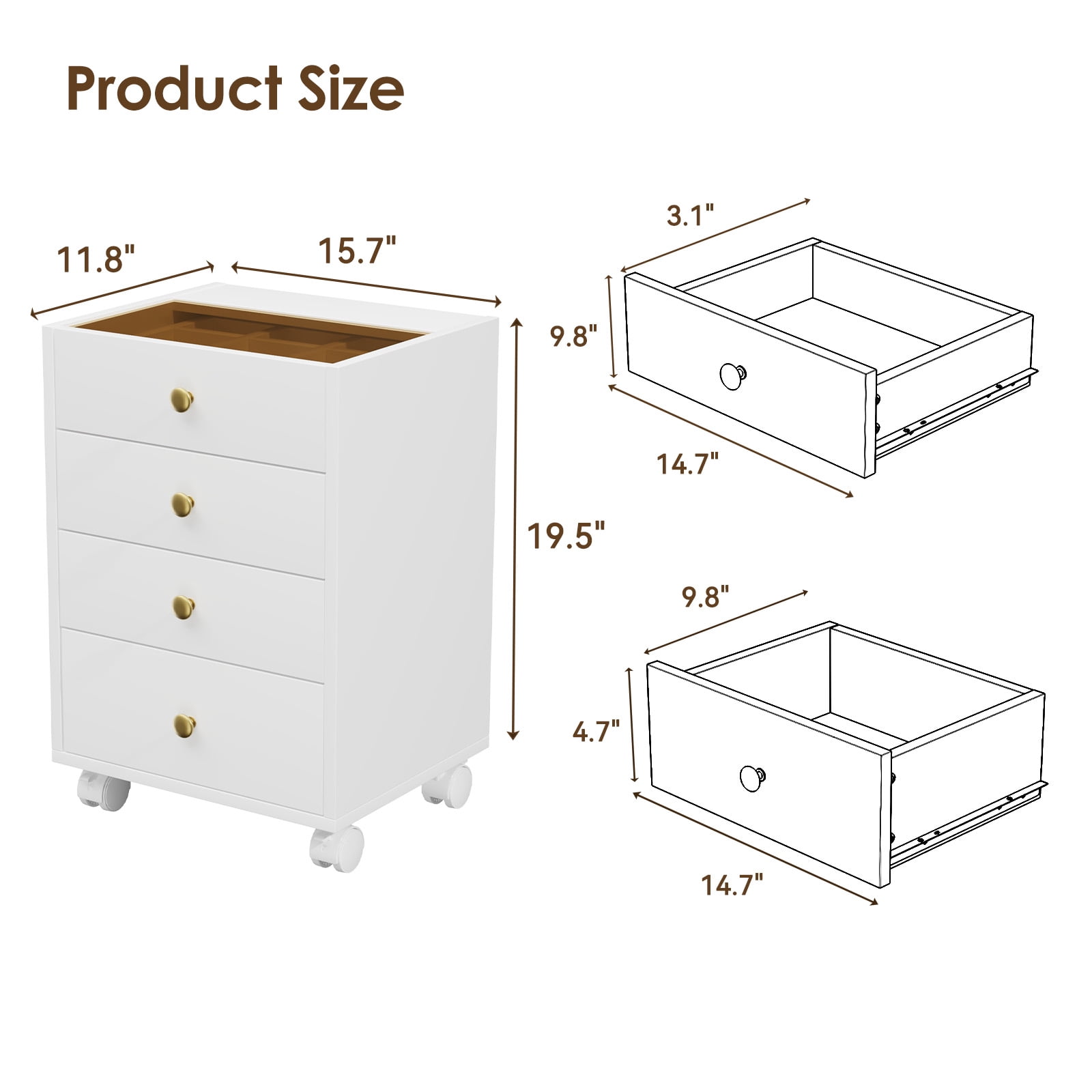 Cyehnenx 4 Drawer File Cabinet, Under Desk Storage, Home Office Vertical Storage Cabinet with Glass Top, Mobile Printer Stand with Lockable Wheels for Home Office Study, White