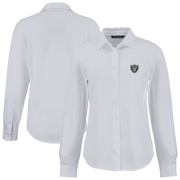 Women's Cutter & Buck White Las Vegas Raiders  Advantage Eco Soft Pique Tri-Blend Long Sleeve Button-Up Shirt