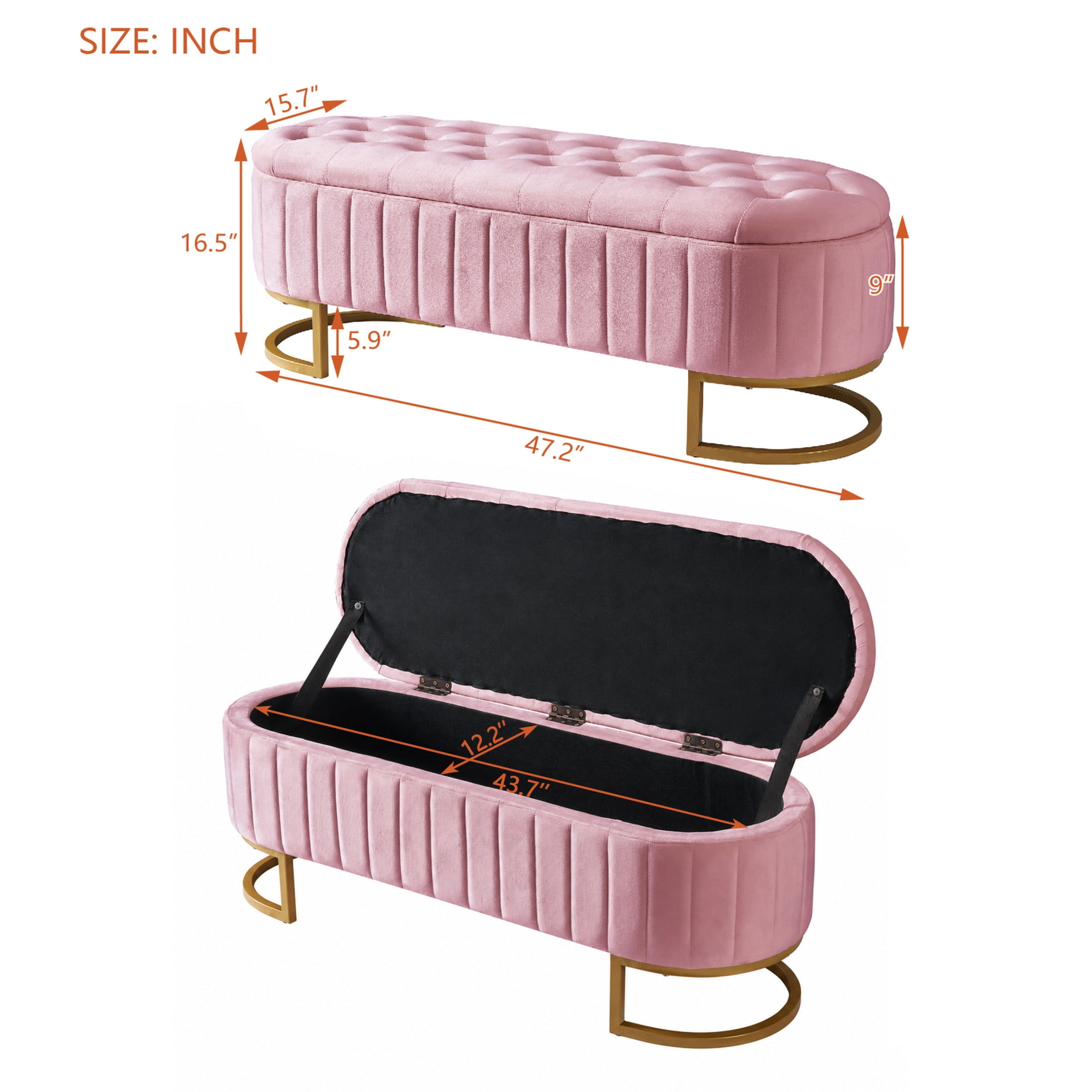 Noble House Elegant Upholstered Velvet Storage Ottoman with Button-Tufted Design, Storage Bench with Metal Legs,Pink