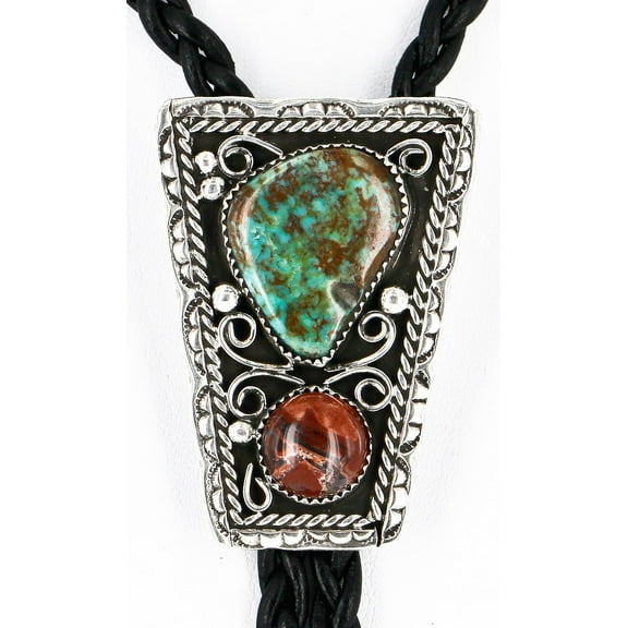 Handmade Certified Authentic Navajo .925 Sterling Silver Natural Turquoise Jasper Native American Bolo Tie
