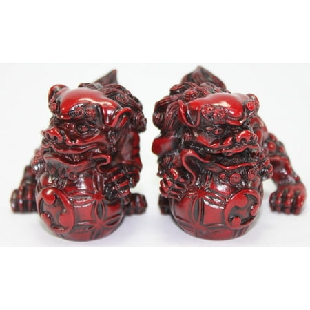 Feng Shui Pair of 2" Red Fu Foo Dogs Guardian Lion Statue Paperweights Gift Set -D