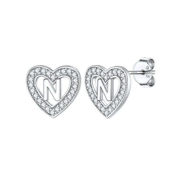 Pendientes de corazón de plata esterlina Silvora con Letra N Pendientes de botón iniciales para mujer Joyería hipoalergénica