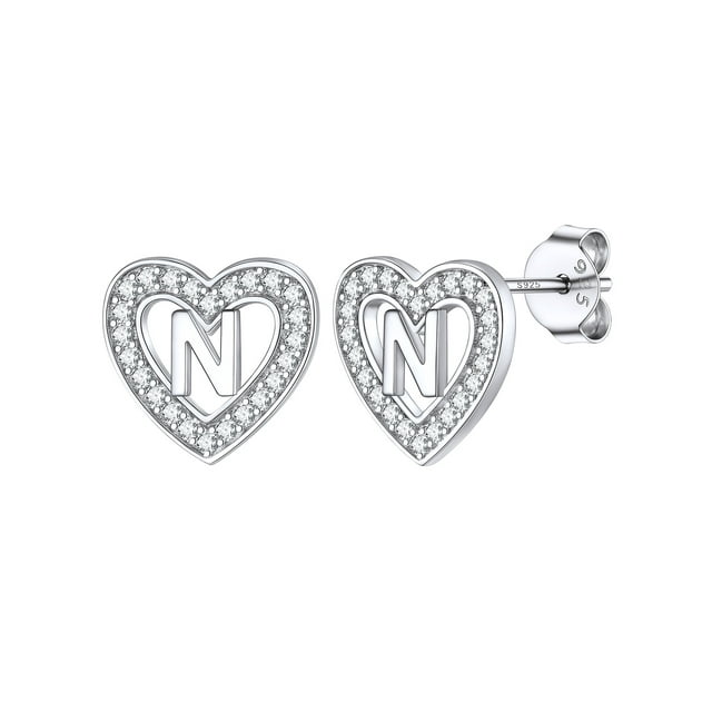 Pendientes de corazón de plata esterlina Silvora con Letra N Pendientes de botón iniciales para mujer Joyería hipoalergénica