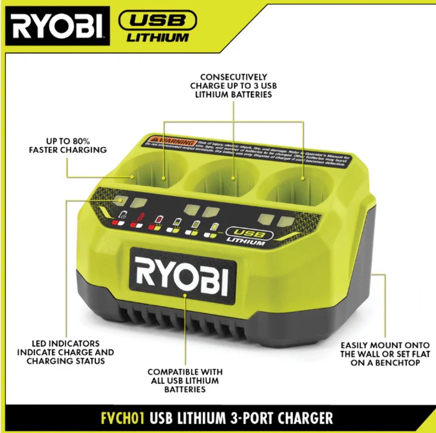 RYOBI USB Lithium 3-Port Charger