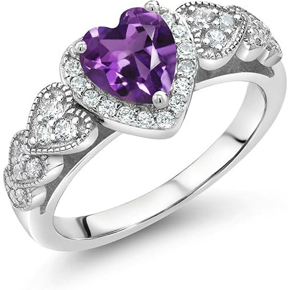 Gems Jewels 14K White Gold Plated 1.50Ct Heart Cut Amethyst Christmas Wedding Engagement Thanksgiving Halo Ring 925 Sterling Silver For Women's -5.5