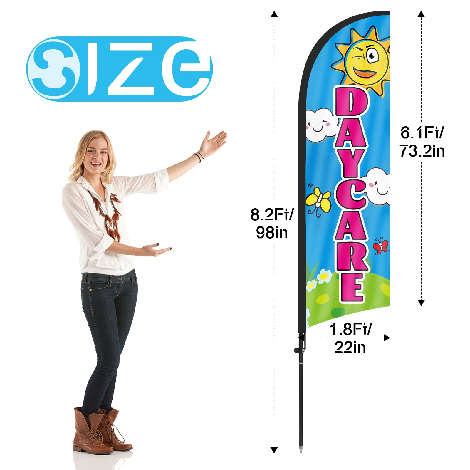 QSUM Daycare Themed Swooper Flag, 8.2FT Daycare Banner Feather Flag with Carbon Fiber Pole Kit Ground Stake, Daycare Signs for Business Advertising