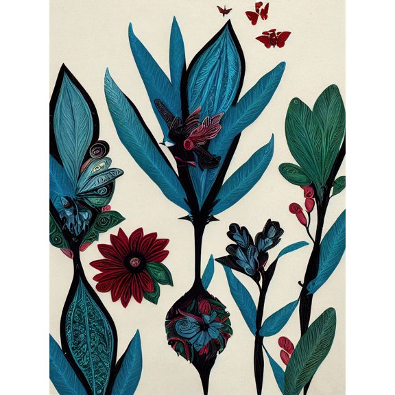 Abstract Paper Quilling Floral Blooms Flowers Butterflies Blue Burgundy Green Cream Large Wall Art Poster Print Thick Paper 18X24 Inch