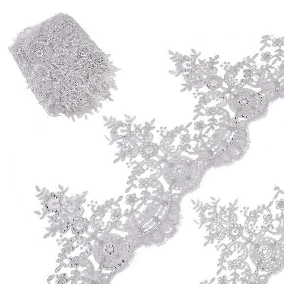 Sparkle Embroidery Flower Polyester Lace Trim with Plastic Beads for Costume Decoration Silver 9-1/8 inch(230mm)
