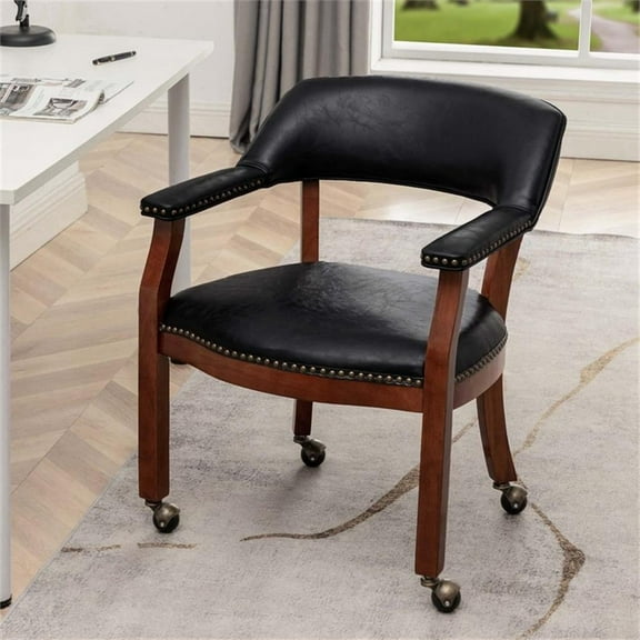 Pemberly Row Armchair with Wheels in Black Faux Leather Fabric