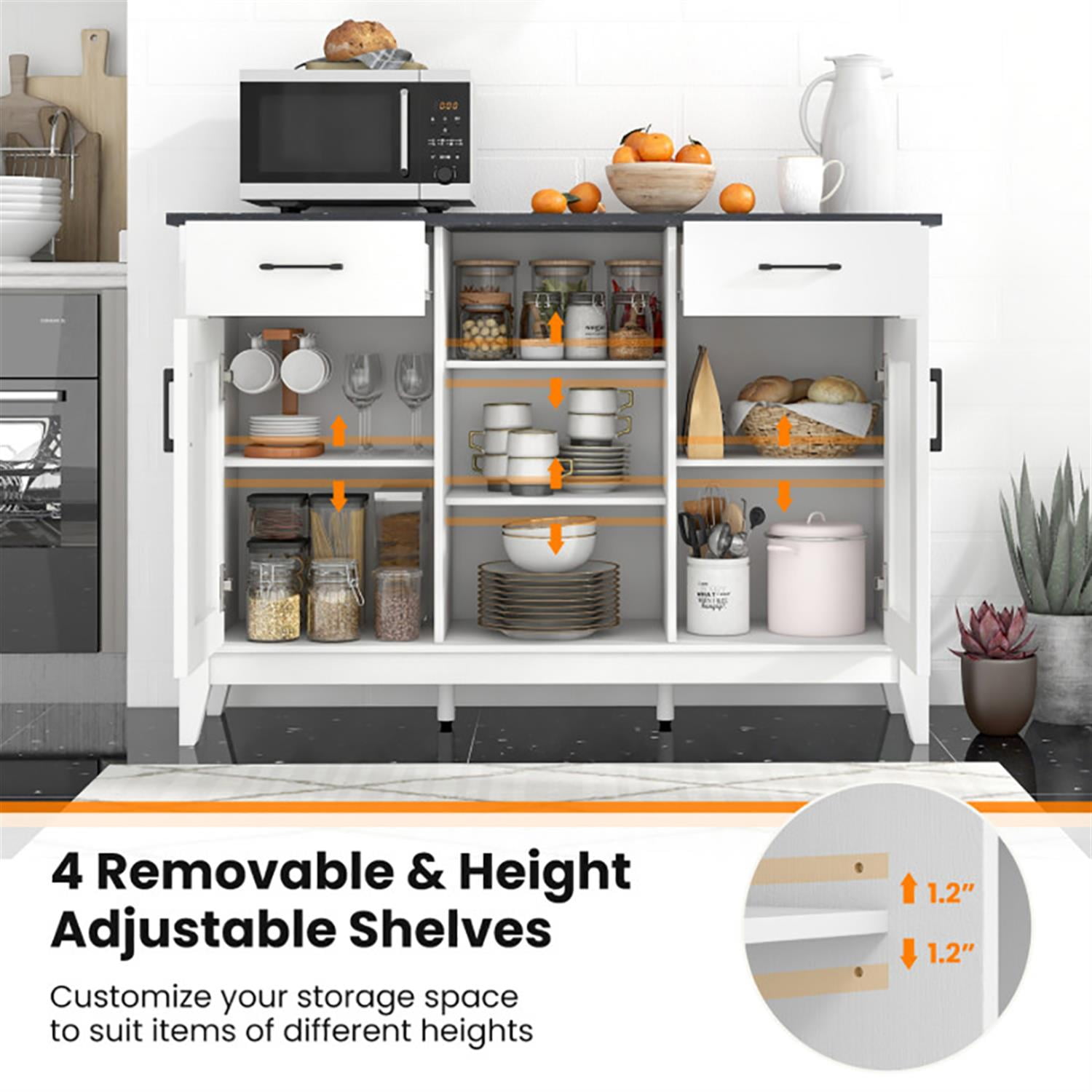 Demi Bonn 52" Sideboard Buffet Cabinet with 2 Drawers and 4 Adjustable Shelves, Kitchen Storage Cabinet, Wood Coffee Bar Buffet Table for Dining Room, White