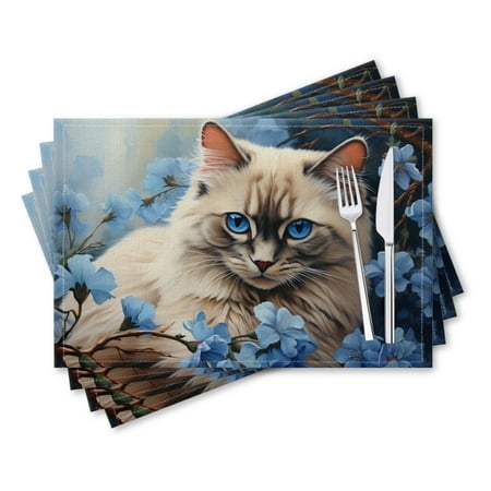 

BaHomeck placemats Set of 4 rectangle Linen Cotton Placemats for Dining Table Washable Heat Resistant 18*12inch Beautiful Portrait Of Adorable Long-Haired Ragdoll Cat